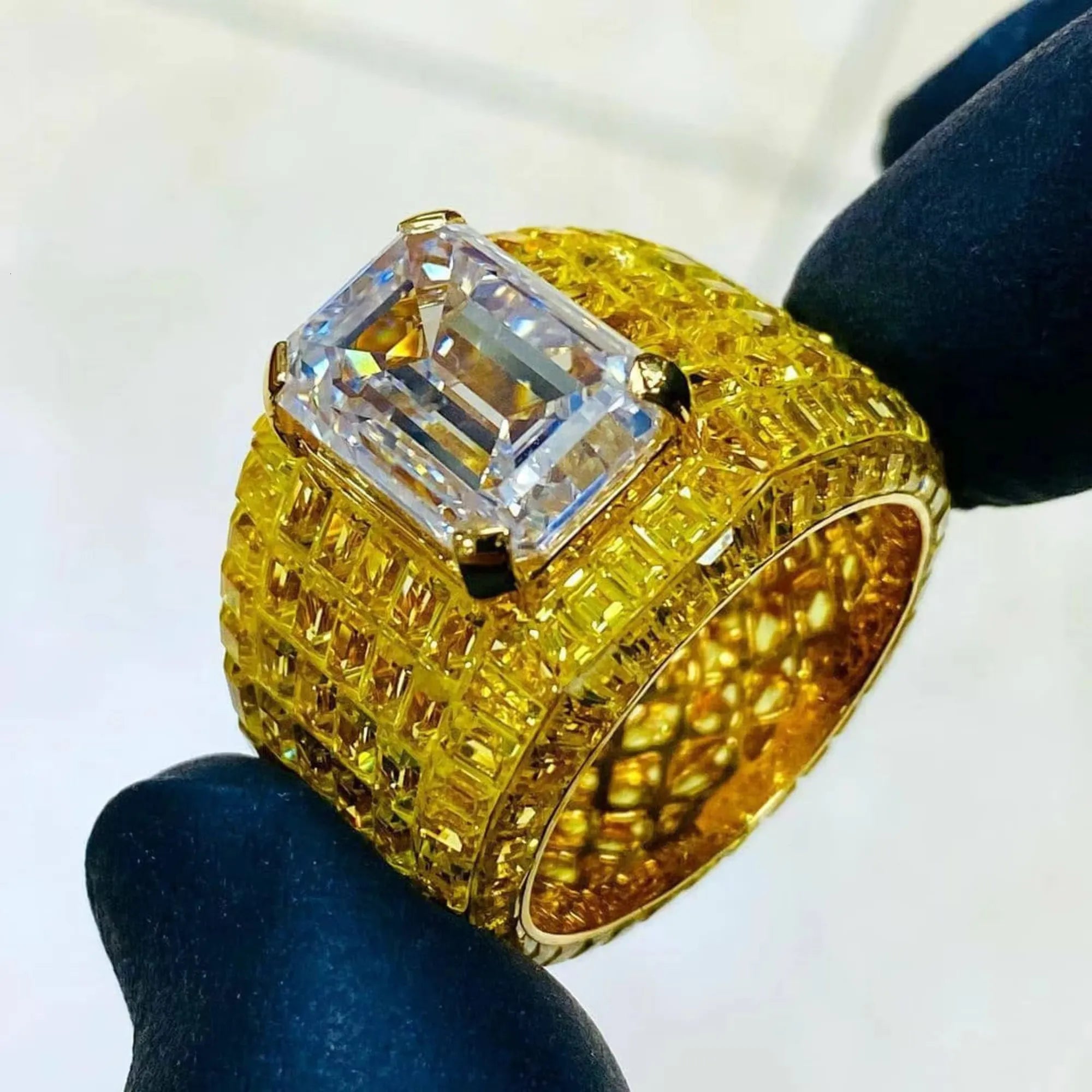 8" Iced Out Rings Moissanite Diamond Silver Tone with Chilled Pyroxene Gold