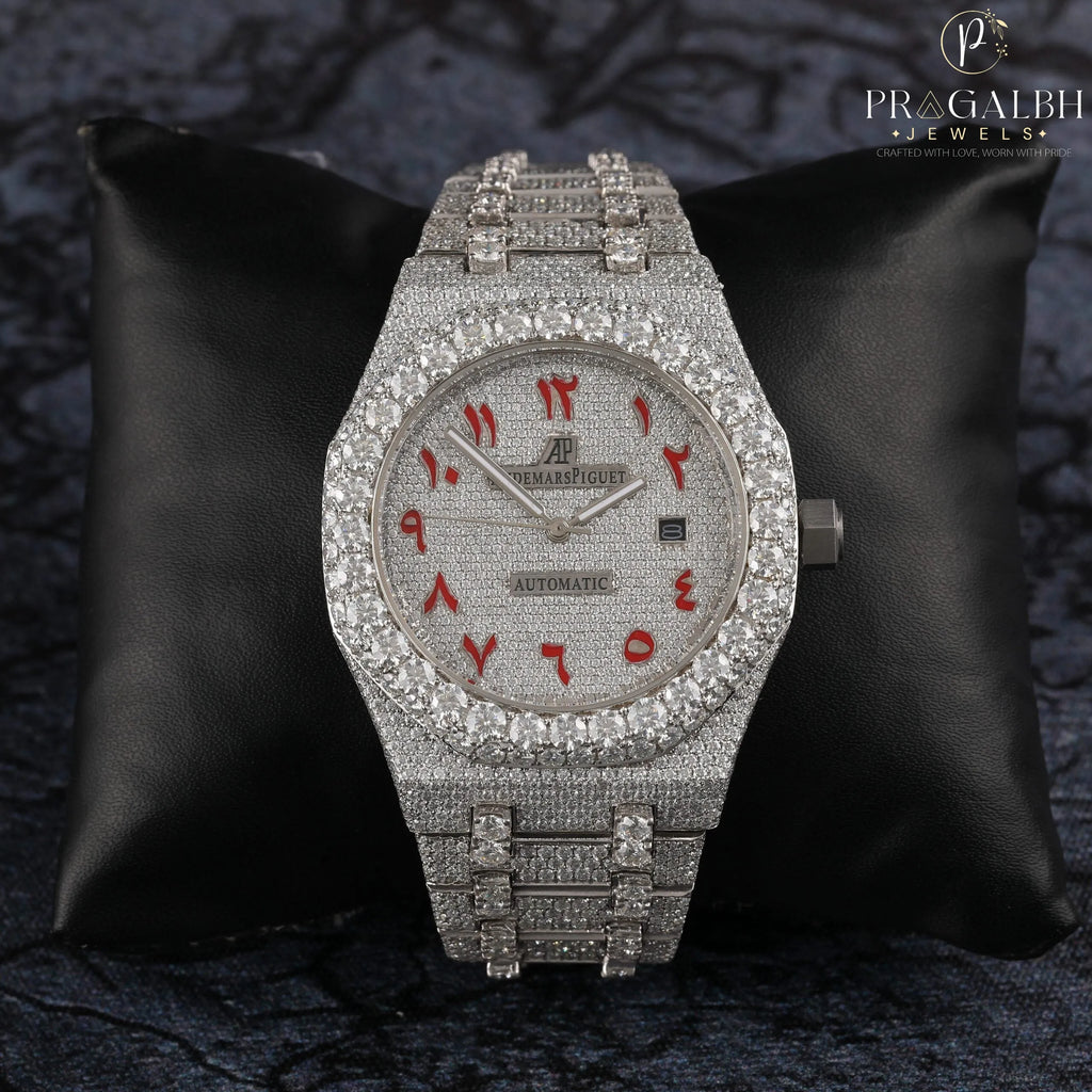 Moissanite Diamond Iced Out Fully Automatic Watch Stainless Steel White Gold Arabic Font Men Watch