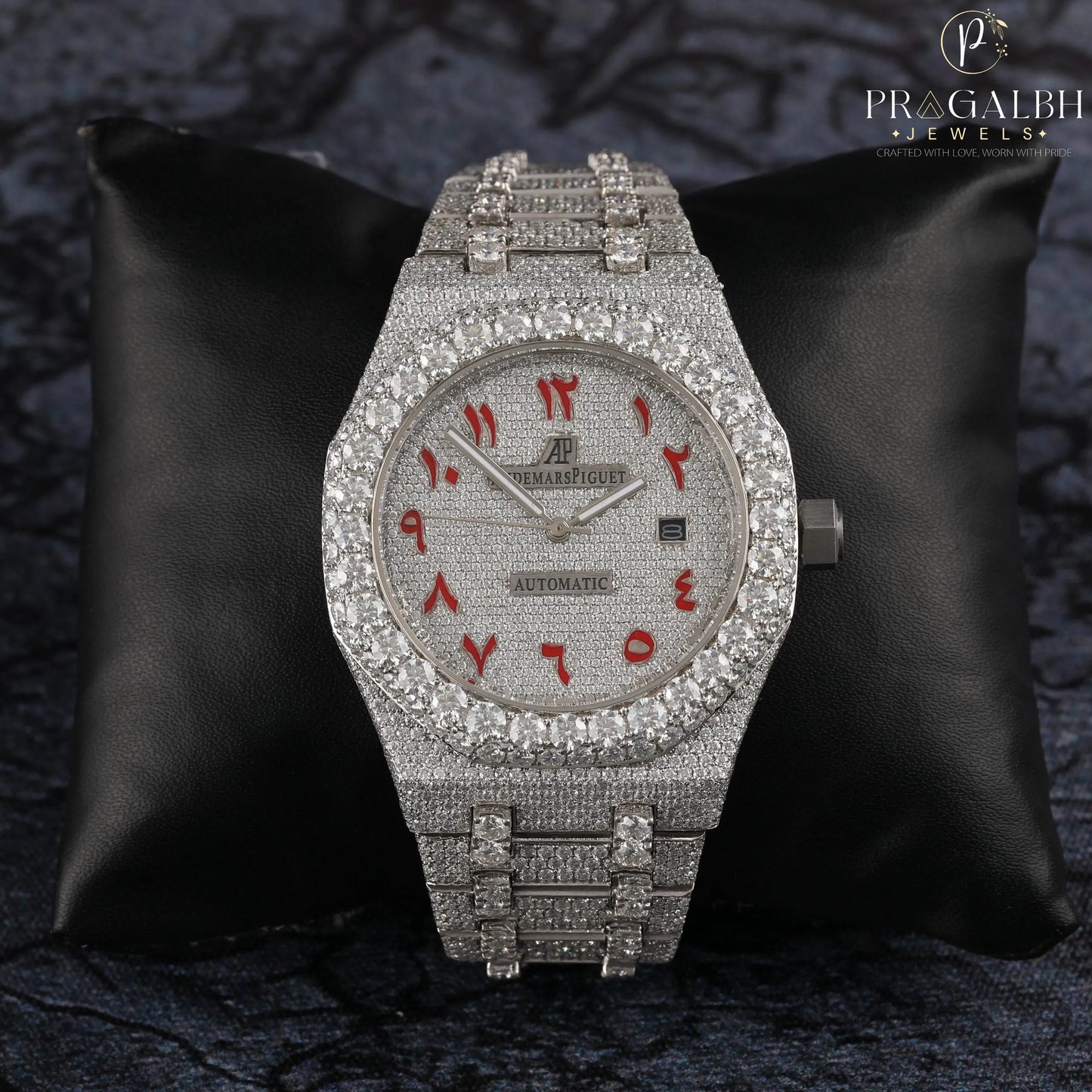 Moissanite Diamond Iced Out Fully Automatic Watch Stainless Steel White Gold Arabic Font Men Watch