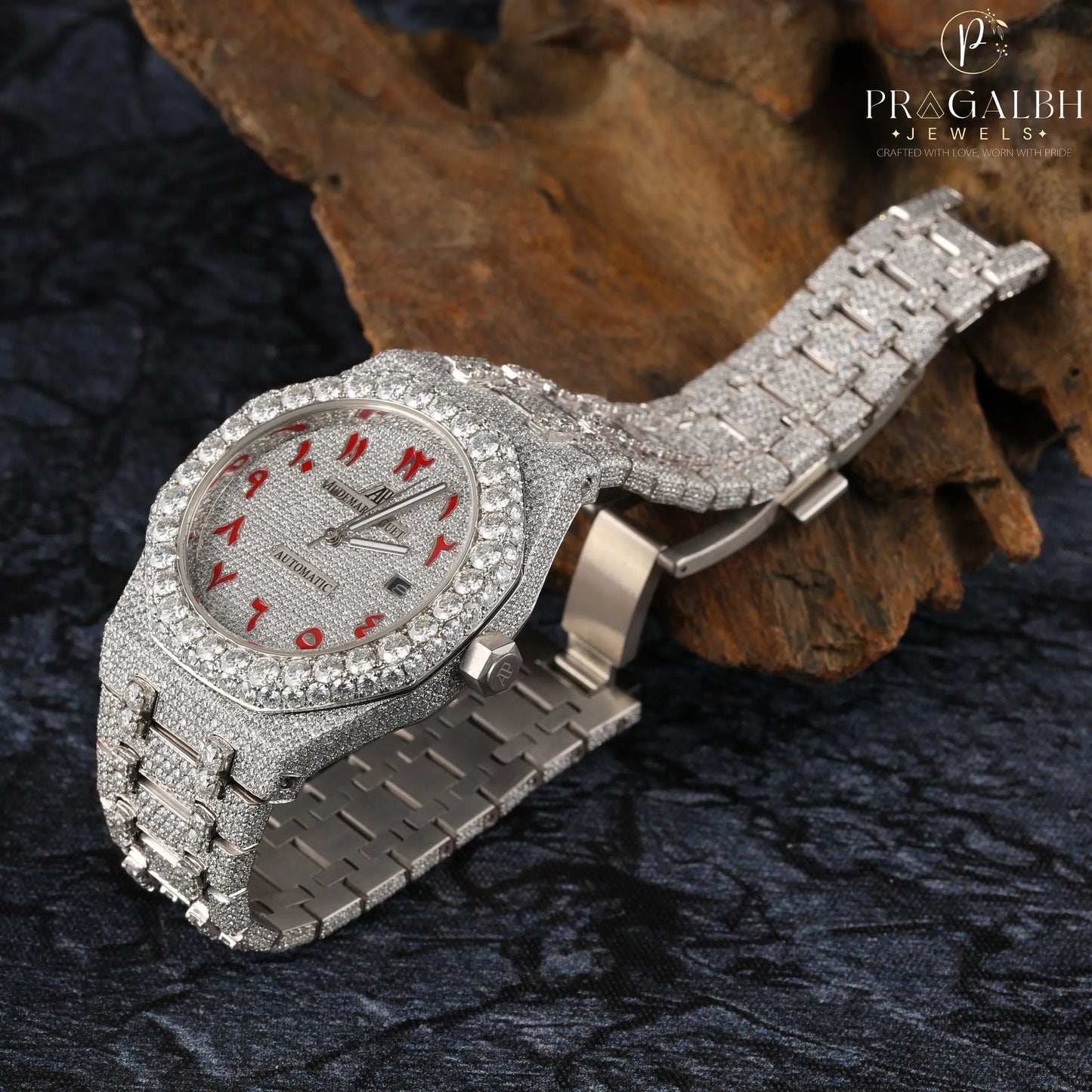 Moissanite Diamond Iced Out Fully Automatic Watch Stainless Steel White Gold Arabic Font Men Watch