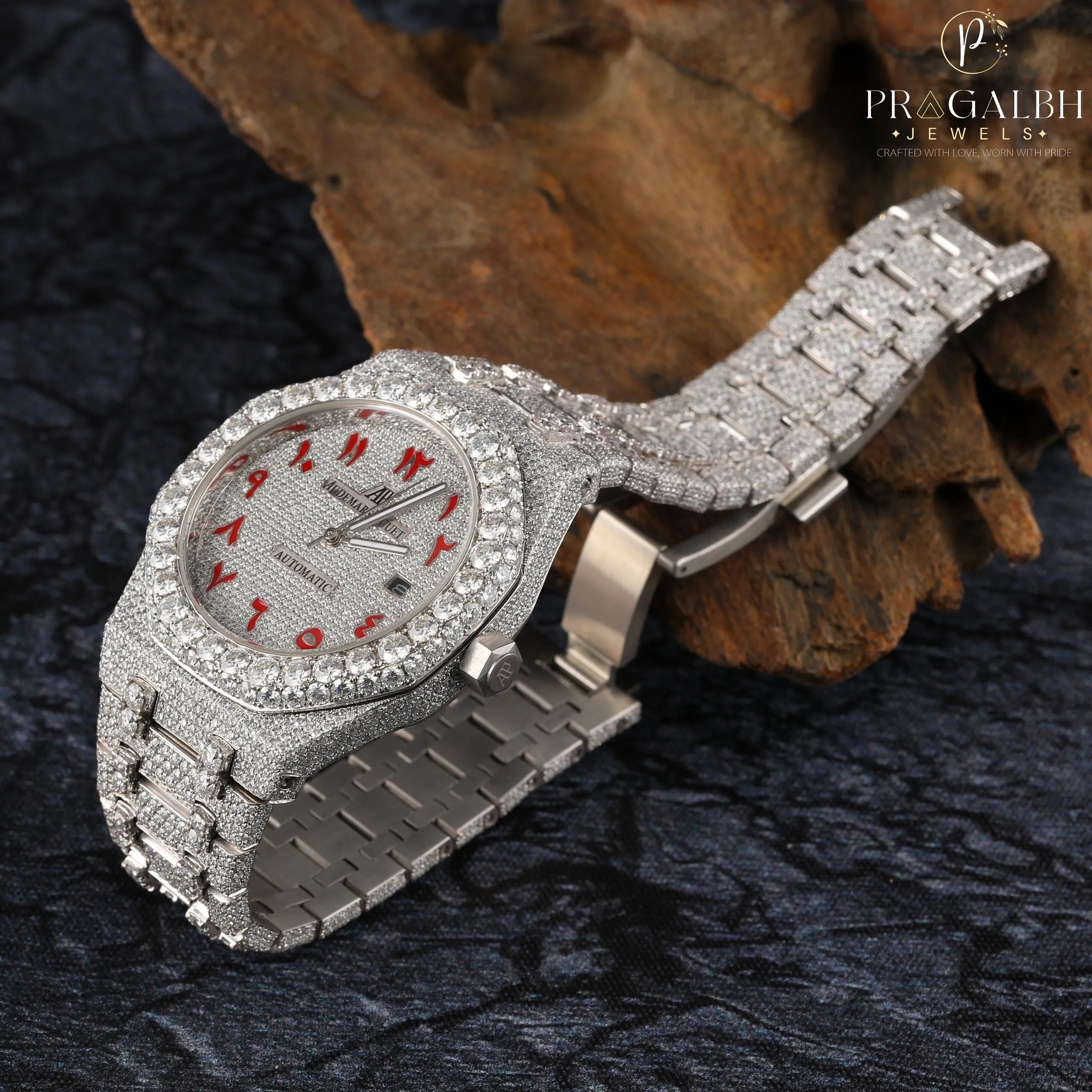 Moissanite Diamond Iced Out Fully Automatic Watch Stainless Steel White Gold Arabic Font Men Watch