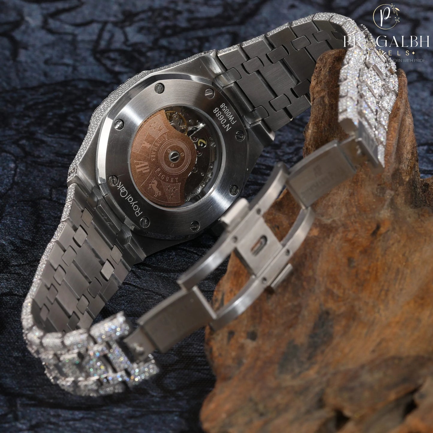 Moissanite Diamond Iced Out Fully Automatic Watch Stainless Steel White Gold Arabic Font Men Watch