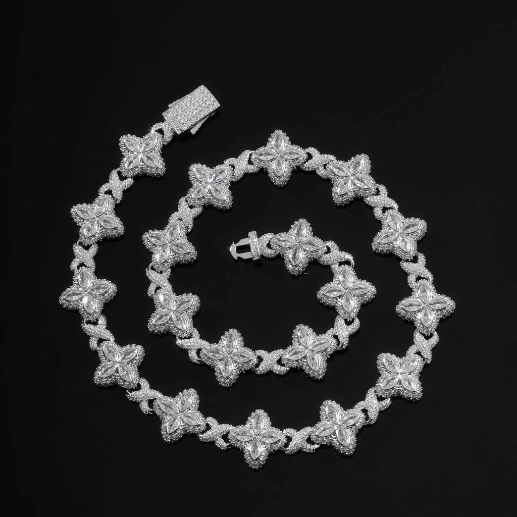 20" Flower VVS Necklace Moissanite Iced Out Cuban Link Chain
