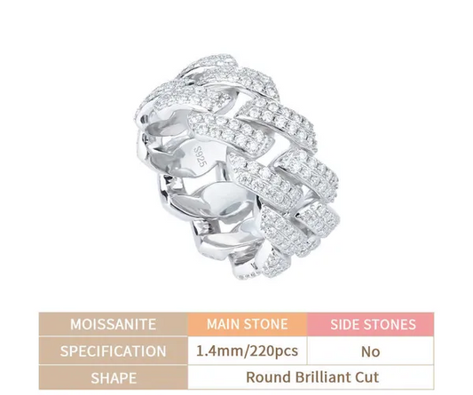 8" Ring Iced Out Diamond Moissanite Gold Plated 925 Sterling Silver