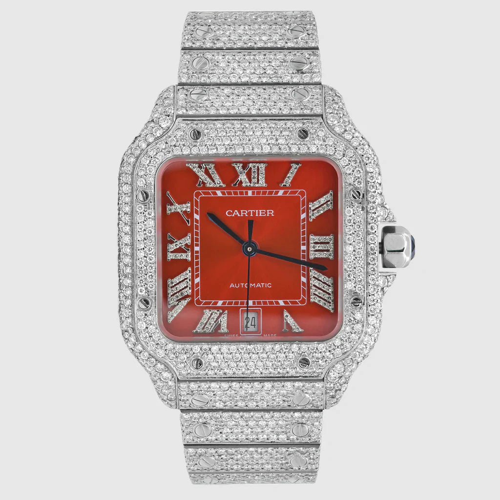 Iced Out Cartier Santos 40mm Diamond Red Dial Watch 20.5ct