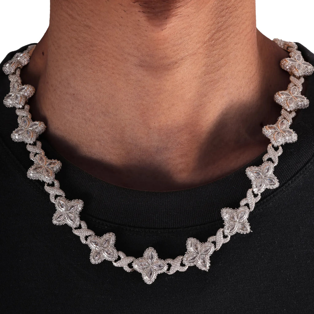 22" Flower VVS Moissanite Iced Out Cuban Link Chain Necklace