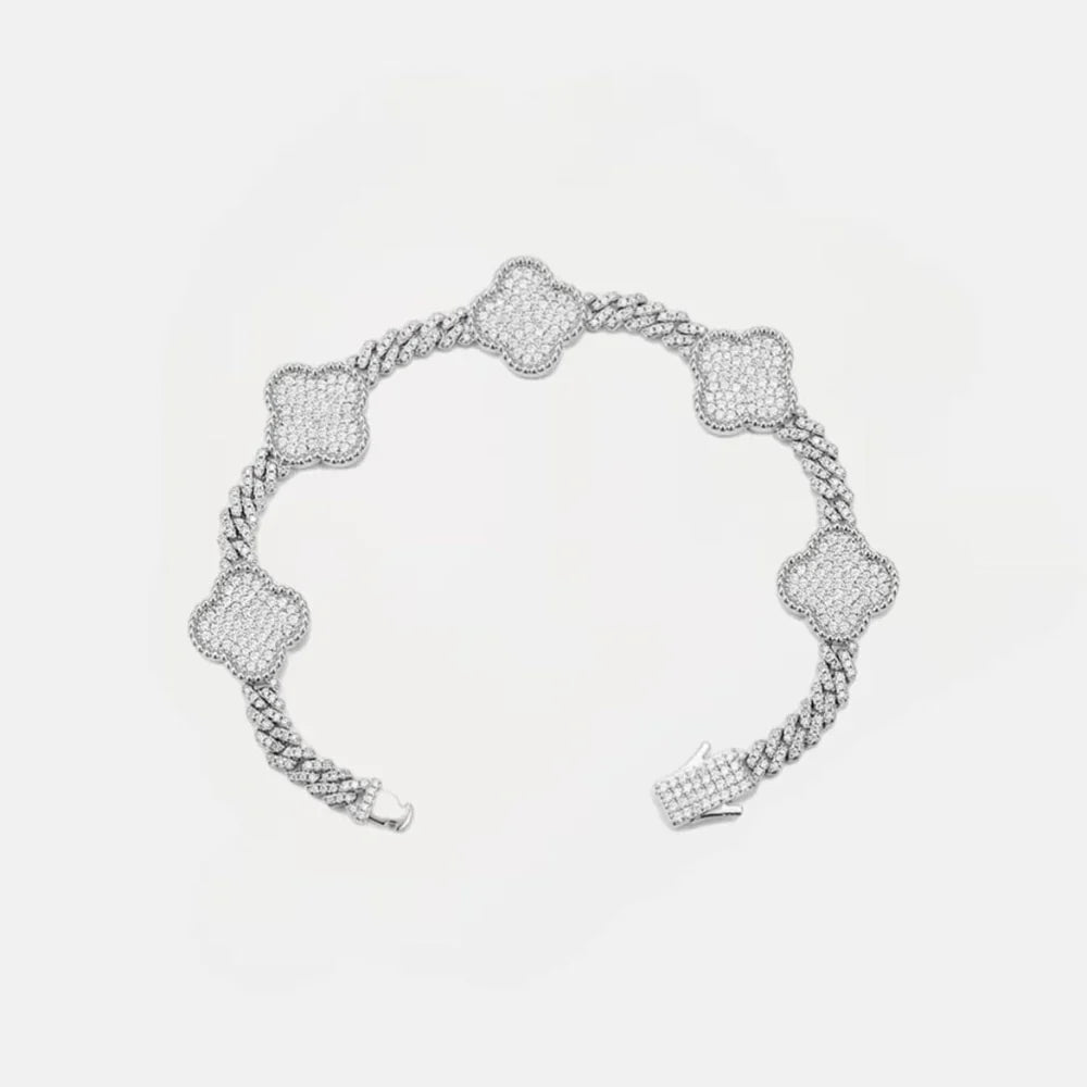 7.4" VVS Diamonds Iced Out Moissanite Clover Cuban Bracelet - 925 Silver