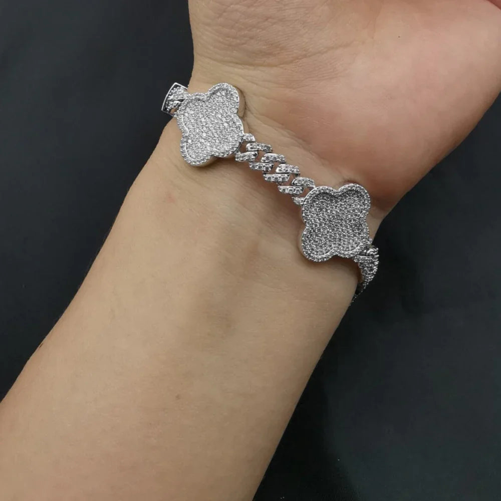 7.0" VVS Diamonds Iced Out Moissanite Clover Cuban Bracelet - 925 Silver