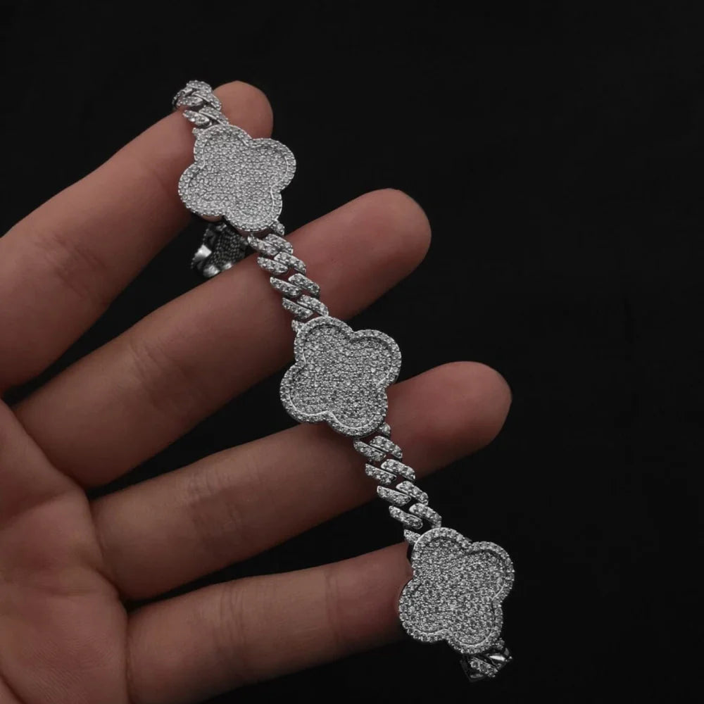 7.0" VVS Diamonds Iced Out Moissanite Clover Cuban Bracelet - 925 Silver