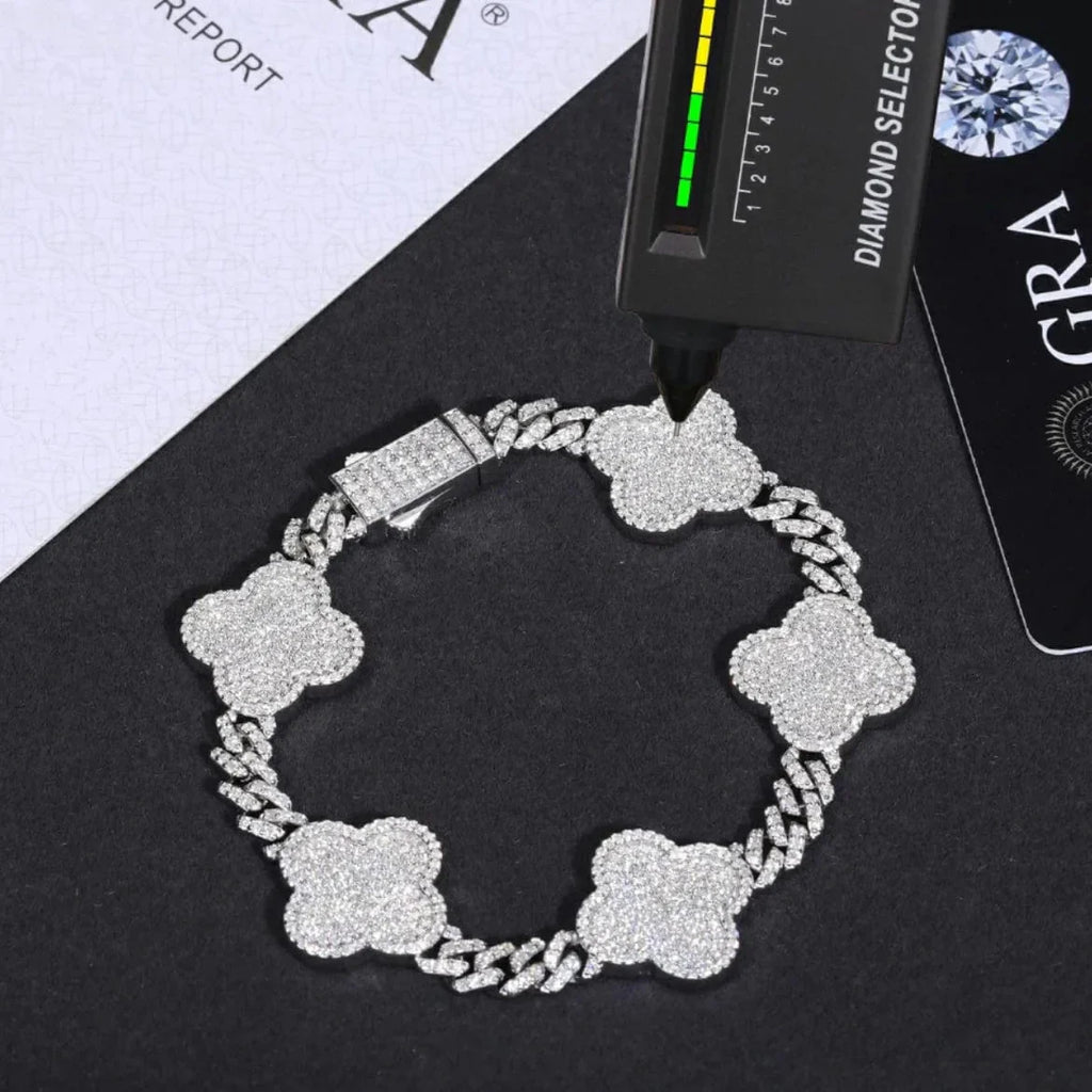 7.0" VVS Diamonds Iced Out Moissanite Clover Cuban Bracelet - 925 Silver