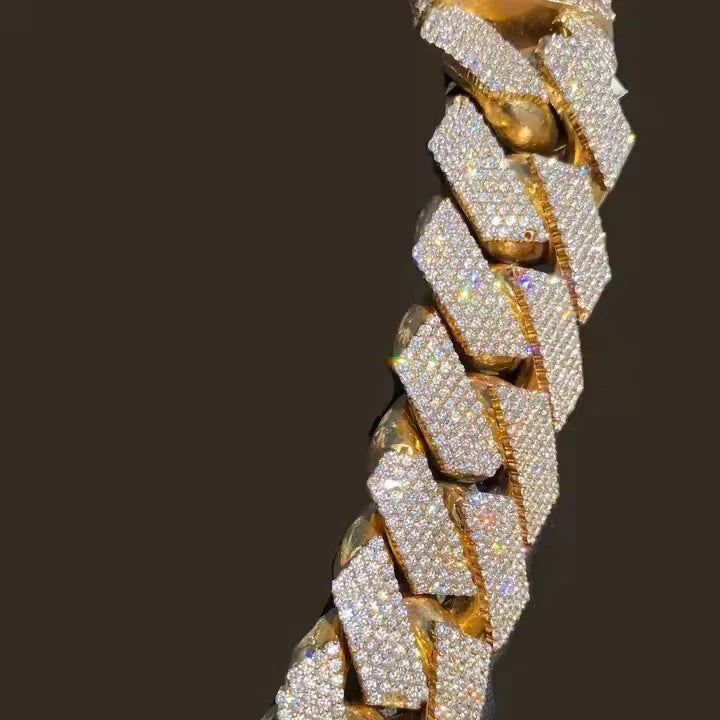 20" 40 ctw Real Moissanite 20mm Cuban Necklace Chain Link 14K Yellow Gold Plated 925