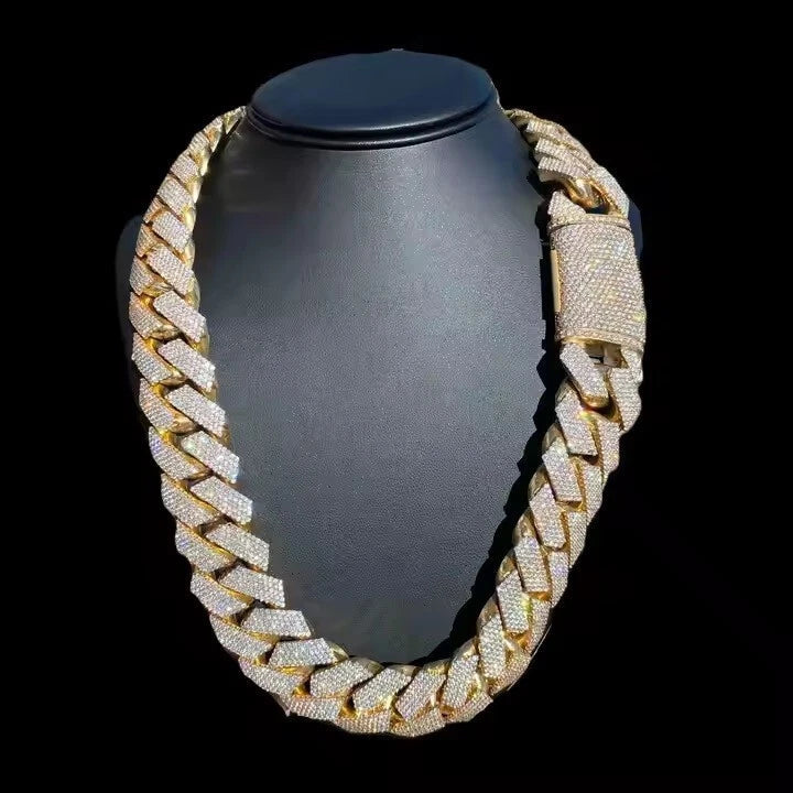 22" 40 ctw Real Moissanite 20mm Cuban Necklace Chain Link 14K Yellow Gold Plated 925 (Copy)